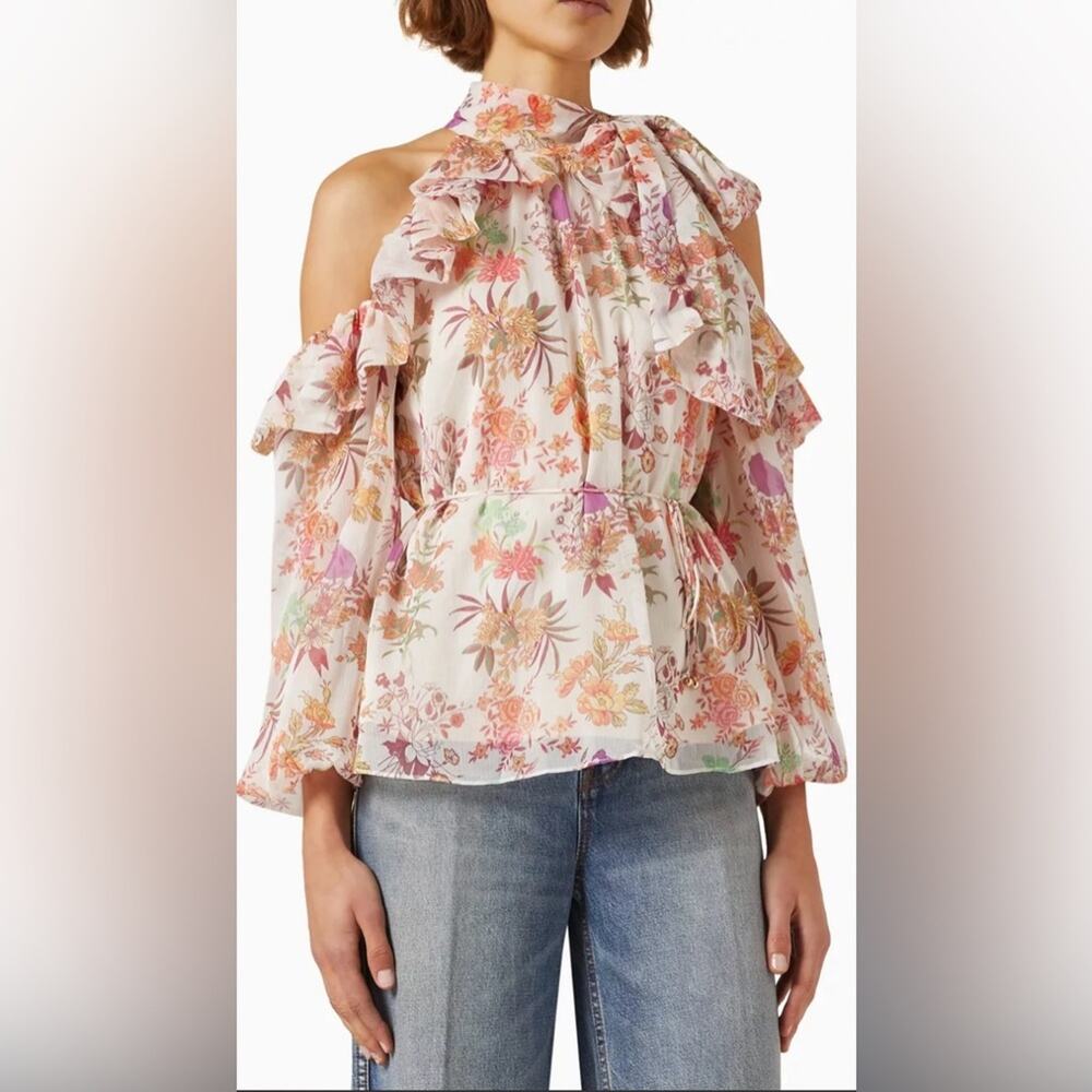 NWT Elliatt $209 Orange and Pink Flutter Sleeve Ruffled Blouse size S